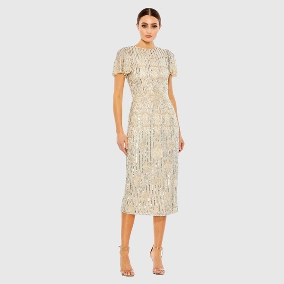 MAC DUGGAL 5575 NWT Embellished Flutter Sleeve High Neck Dress